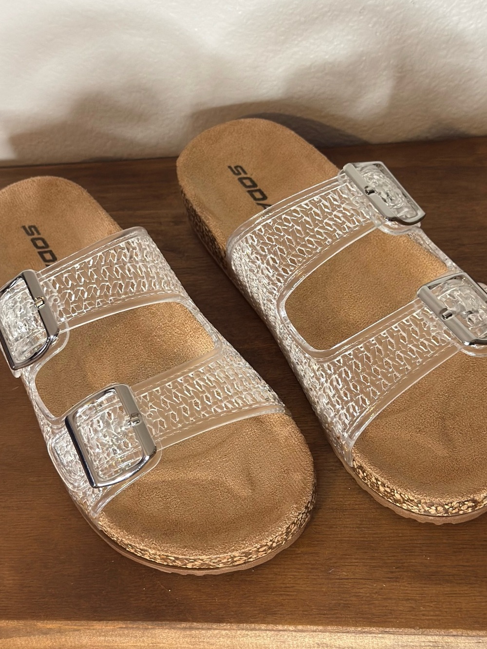 Clear Double-Buckle Cork Slide Sandals with Silver Buckles - Picture 3 of 8